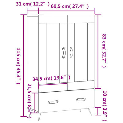 vidaXL Hoge kast 69,5x31x115 cm bewerkt hout zwart