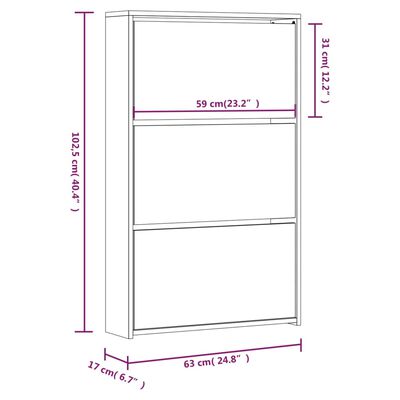 vidaXL Schoenenkast met spiegel 3-laags 63x17x102,5 cm bruineiken