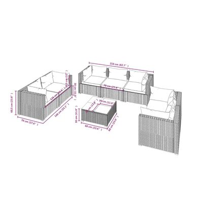 vidaXL 8-delige Loungeset met kussens poly rattan bruin