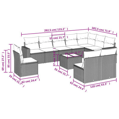 vidaXL 11-delige Tuinset met kussens poly rattan beige