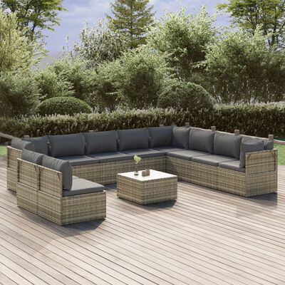 vidaXL 11-delige Loungeset met kussens poly rattan grijs