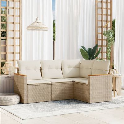 vidaXL 4-delige Loungeset met kussens poly rattan beige