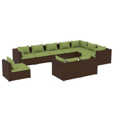 vidaXL 10-delige Loungeset met kussens poly rattan bruin