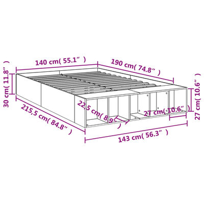 vidaXL Bedframe bewerkt hout grijs sonoma eikenkleurig 140x190 cm