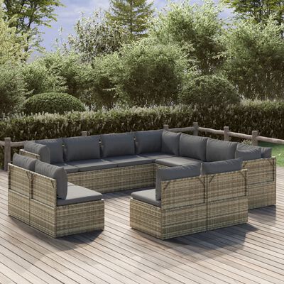 vidaXL 11-delige Loungeset met kussens poly rattan grijs