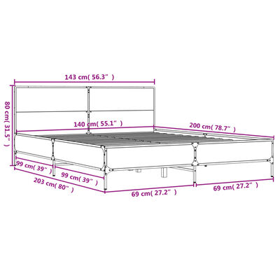 vidaXL Bedframe bewerkt hout metaal grijs sonoma eiken 140x200 cm