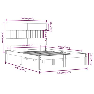 vidaXL Bedframe massief hout zwart 135x190 cm