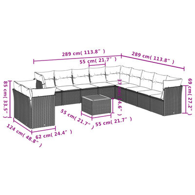 vidaXL 12-delige Loungeset met kussens poly rattan zwart