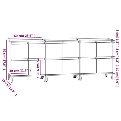 vidaXL Dressoirs 3 st 60x35x70 cm bewerkt hout grijs sonoma eikenkleur