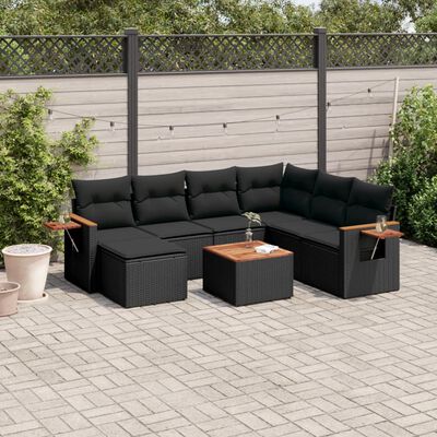 vidaXL 8-delige Loungeset met kussens poly rattan zwart