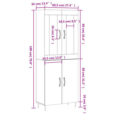 vidaXL Hoge kast 69,5x34x180 cm bewerkt hout grijs sonoma eikenkleurig