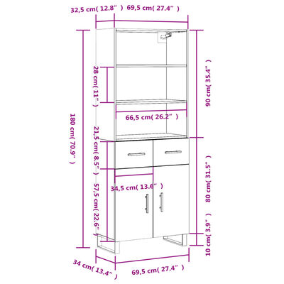 vidaXL Hoge kast 69,5x34x180 cm bewerkt hout zwart