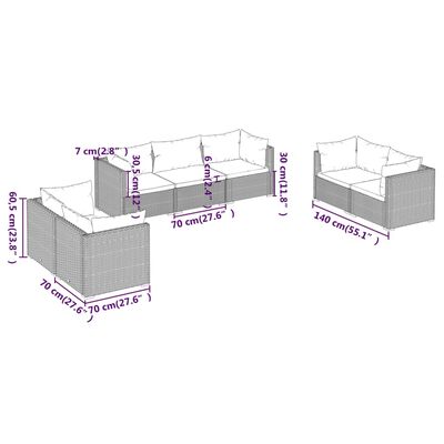 vidaXL 7-delige Loungeset met kussens poly rattan grijs