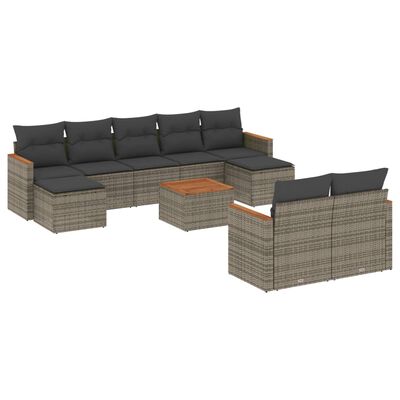 vidaXL 10-delige Loungeset met kussens poly rattan grijs