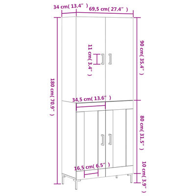 vidaXL Hoge kast 69,5x34x180 cm bewerkt hout grijs sonoma eikenkleurig