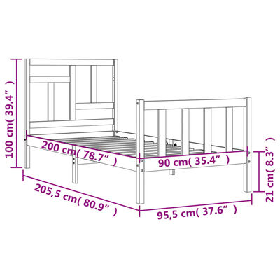 vidaXL Bedframe met hoofdbord massief hout 90x200 cm