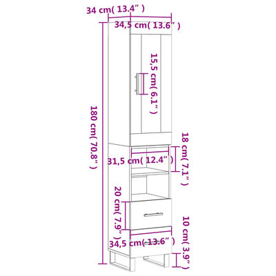 vidaXL Hoge kast 34,5x34x180 cm bewerkt hout bruin eikenkleur