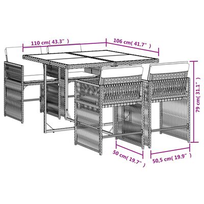 vidaXL 5-delige Tuinset met kussens poly rattan zwart