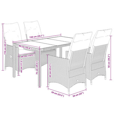 vidaXL 5-delige Tuinset met kussens poly rattan grijs