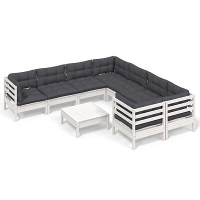 vidaXL 9-delige Loungeset met kussens grenenhout wit