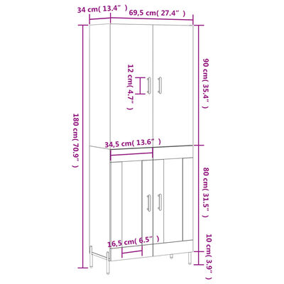 vidaXL Hoge kast 69,5x34x180 cm bewerkt hout wit