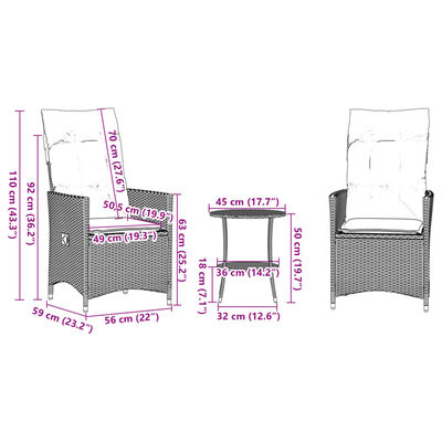 vidaXL 3-delige Bistroset met kussens poly rattan zwart