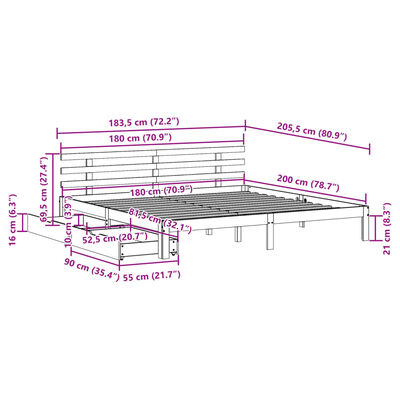 vidaXL Bedframe met lades massief grenenhout wit 180x200 cm