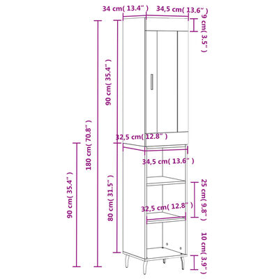 vidaXL Hoge kast 34,5x34x180 cm bewerkt hout gerookt eikenkleurig