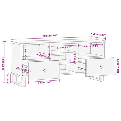 vidaXL Tv-meubel 100x33,5x46 cm massief mangohout bruin en zwart