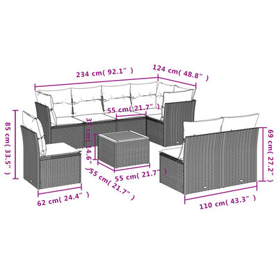 vidaXL 9-delige Loungeset met kussens poly rattan beige