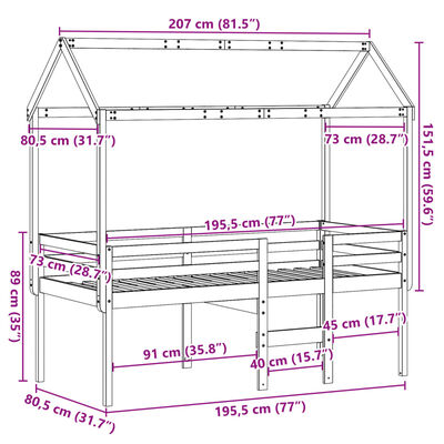 vidaXL Hoogslaper met dak massief grenenhout wasbruin 75x190 cm