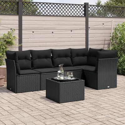 vidaXL 6-delige Loungeset met kussens poly rattan zwart