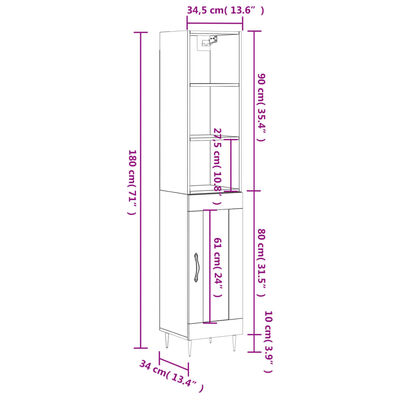 vidaXL Hoge kast 34,5x34x180 cm bewerkt hout betongrijs