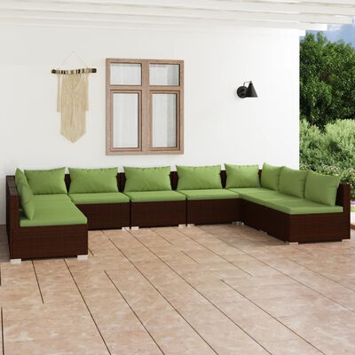 vidaXL 9-delige Loungeset met kussens poly rattan bruin