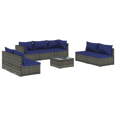 vidaXL 8-delige Loungeset met kussens poly rattan grijs