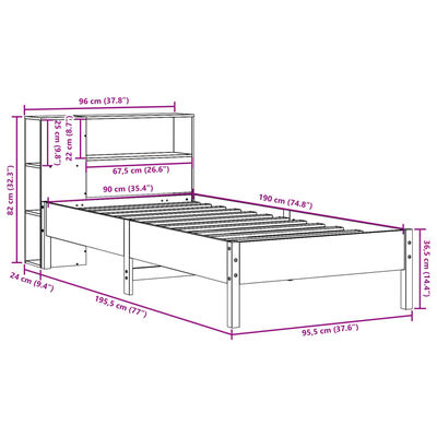 vidaXL Bed met boekenkast zonder matras massief grenenhout 90x190 cm