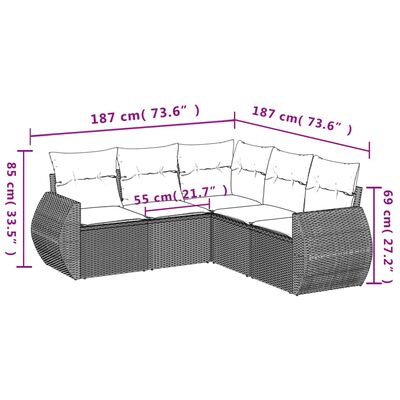 vidaXL 5-delige Loungeset met kussens poly rattan grijs