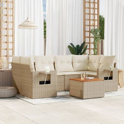 vidaXL 7-delige Loungeset met kussens poly rattan beige