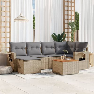 vidaXL 7-delige Loungeset met kussens poly rattan gemengd beige