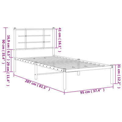 vidaXL Bedframe met hoofdbord metaal wit 90x200 cm