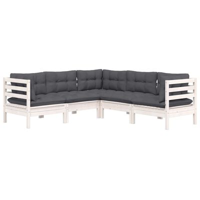 vidaXL 5-delige Loungeset met kussens massief grenenhout wit