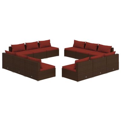 vidaXL 12-delige Loungeset met kussens poly rattan bruin