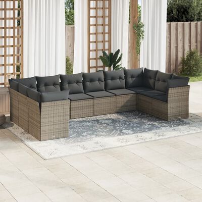 vidaXL 10-delige Loungeset met kussens poly rattan grijs