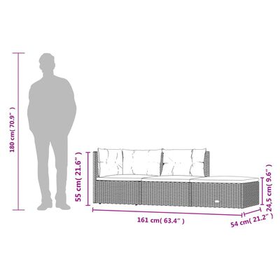 vidaXL 3-delige Loungeset met kussens poly rattan grijs