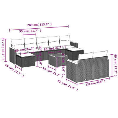 vidaXL 10-delige Loungeset met kussens poly rattan zwart