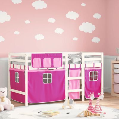 vidaXL Kinderhoogslaper met gordijnen 80x200 cm grenenhout roze