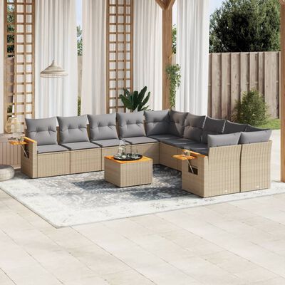 vidaXL 11-delige Tuinset met kussens poly rattan beige