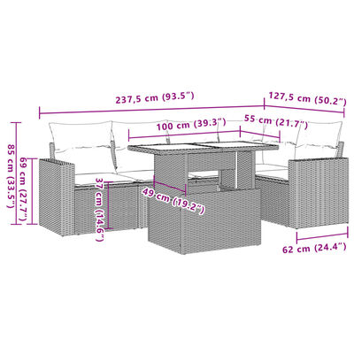 vidaXL 6-delige Loungeset met kussens poly rattan beige