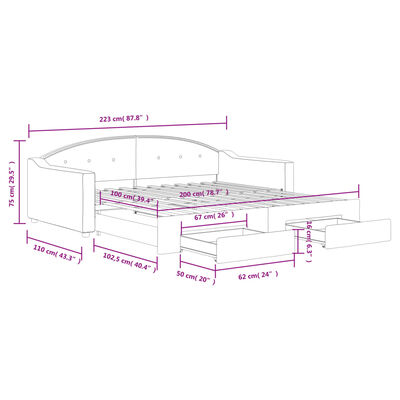 vidaXL Slaapbank met onderschuifbed en lades 100x200 cm stof crème