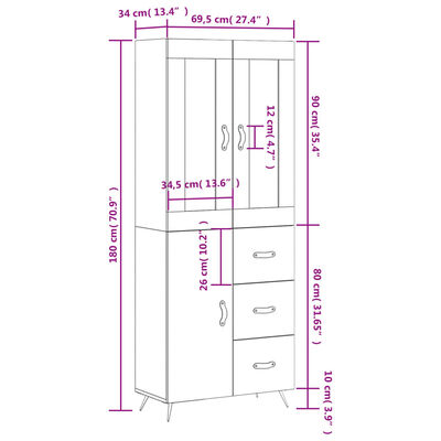 vidaXL Hoge kast 69,5x34x180 cm bewerkt hout zwart